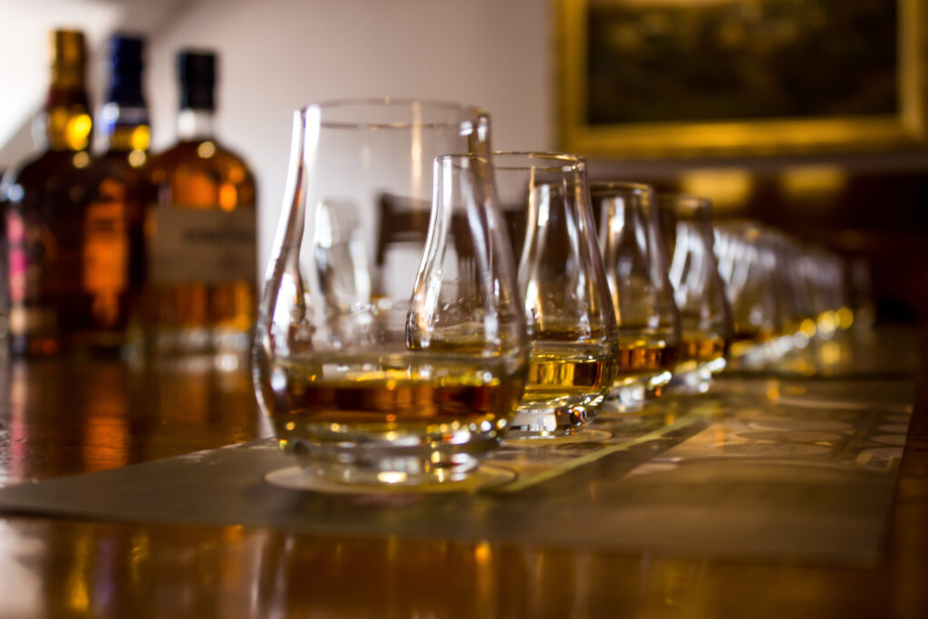 A line of whisky tasting glasses